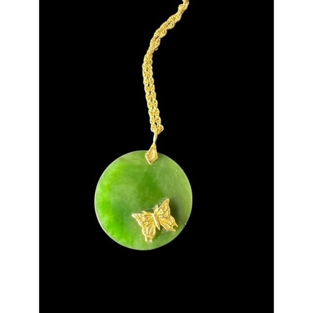 Mid Century‎ Vintage Rare Nephrite Jade Butterfly Inlay Pendant Necklace Green - Picture 4 of 6